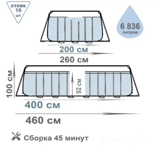 Intex прямокутний каркасний Басейн, 400 x 200 x 100 см, 6836 літрів, картриджний насос, сходи. - зображення 7