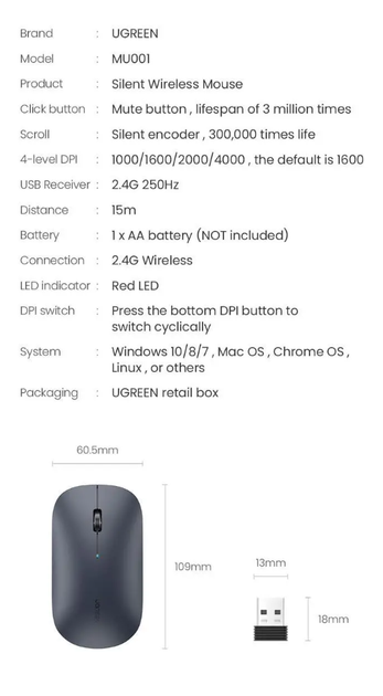 Мышь беспроводная UGREEN MU001 2.4G Light Green 4000 DPI бесшумная мышь 90374 - изображение 10