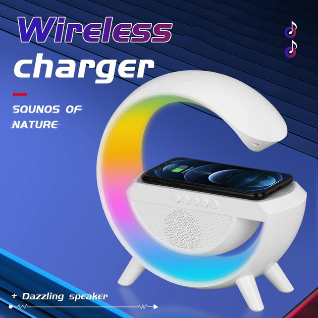 Портативная колонка Bluetooth 3в1 SUNROZ WirelessCharger R99 с RGB ночником и беспроводной зарядкой Белый - изображение 12