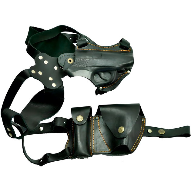 Кобура оперативная двухсторонняя ПМ формованная с чехлами под магазин и наручники кожа, чёрная - изображение 1