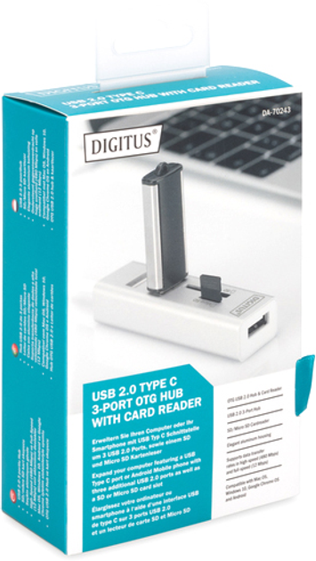 Hub USB Digitus USB 2.0 (AF/Type-C) OTG (czytnik kart + USBx2) Biały (DA-70243) - obraz 2