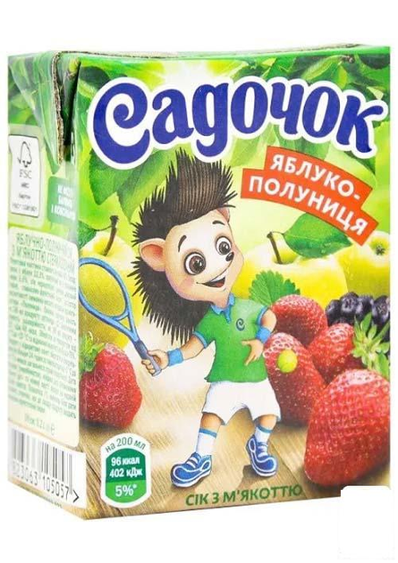 Сок яблочно-клубничный с мякотью (с трубочкой) ТМ "Садочок" 0,2л (99114 ...