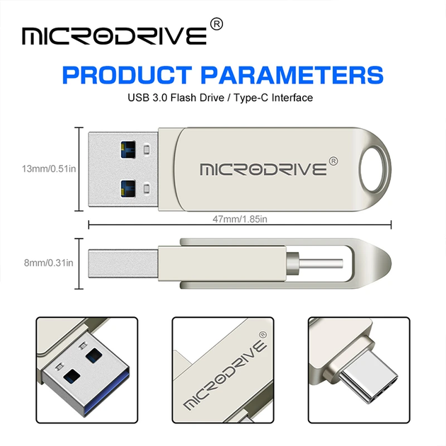 USB Флешка 2в1 64GB Type-C/USB 3.0 для телефона и компьютера MicroDrive Серый - изображение 3