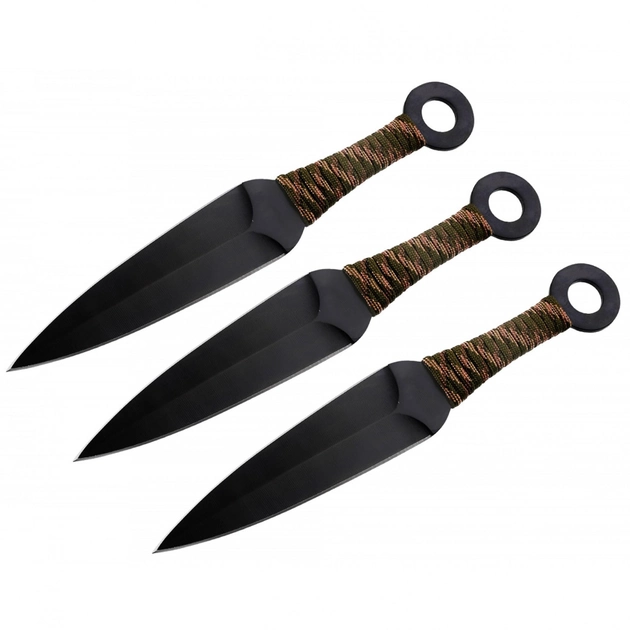 Метальні ножі в чорному кольорі з камуфлированой рукояттю, набір з трьох великих ножів - зображення 1