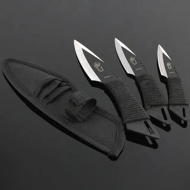 Метальні ножі в чорному кольорі з чорним палітуркою ручки, оригінальний дизайн, набір з 3 штук - зображення 2