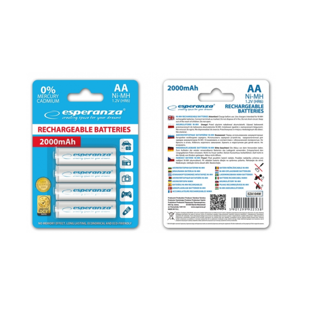 Аккумулятор Ni-MH AA Esperanza EZA104W 2000 mAh в блистере 4шт Белый - Фото 2 Аккумулятор Ni-MH AA Esperanza EZA104W 2000 mAh в блистере 4шт Белый - изображение 2