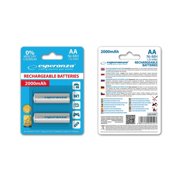 Аккумулятор Ni-MH AA Esperanza EZA103W 2000 mAh в блистере 2шт Белый - Фото 2 Аккумулятор Ni-MH AA Esperanza EZA103W 2000 mAh в блистере 2шт Белый - изображение 2