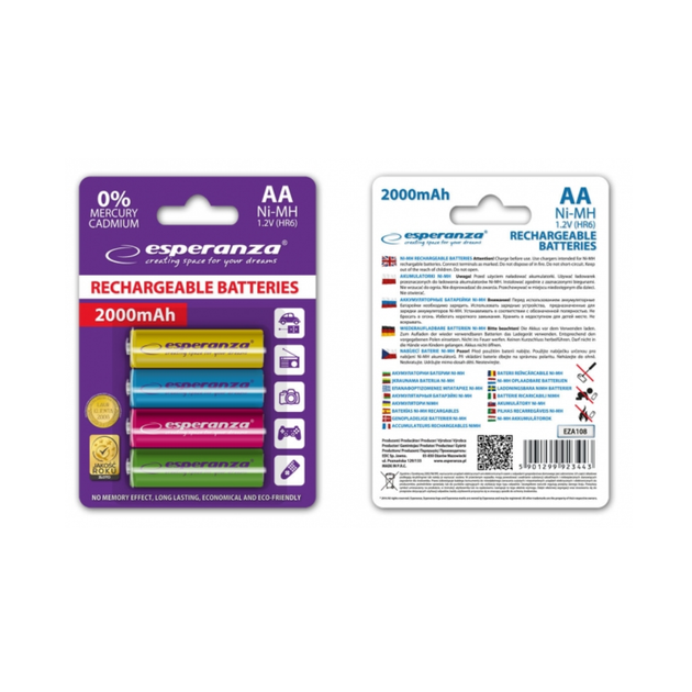 Акумулятор Ni-MH AA Esperanza EZA108 2000 mAh у блістері 4шт Мікс кольорів - Фото 2 Акумулятор Ni-MH AA Esperanza EZA108 2000 mAh у блістері 4шт Мікс кольорів - зображення 2