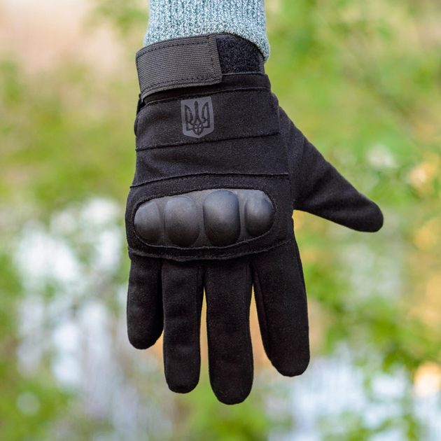 Тактичні рукавички довгопалі (закриті, з пальцями) з гербом чорні М - зображення 1
