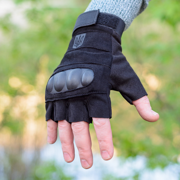 Тактичні рукавички короткопалі (відкриті, без пальців) з гербом чорні М - зображення 2