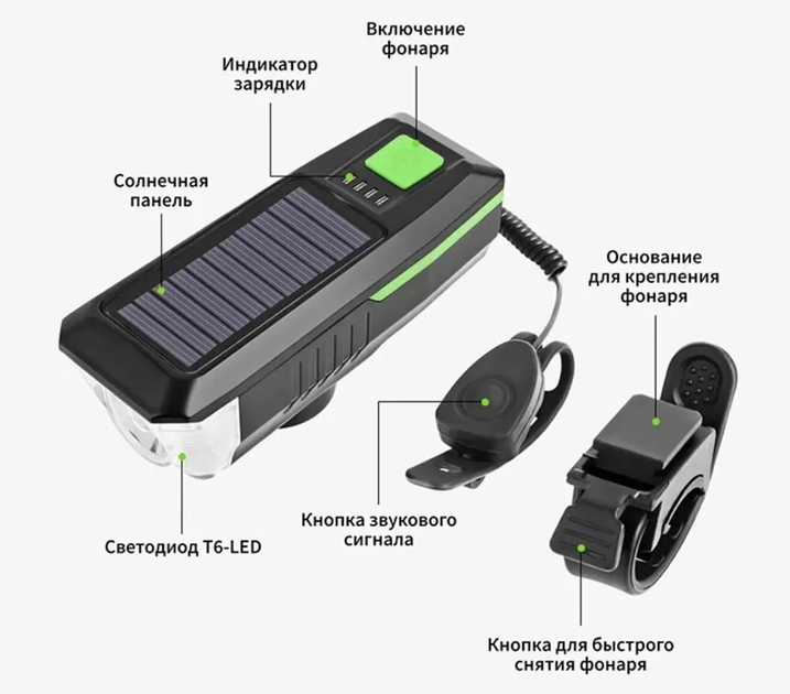 Велосипедная фара Waterproof аккумуляторный фонарь на солнечной батарее со звонком вело фара с сигналом Черно-Зеленый - Фото 3 Велосипедная фара Waterproof аккумуляторный фонарь на солнечной батарее со звонком вело фара с сигналом Черно-Зеленый - изображение 3