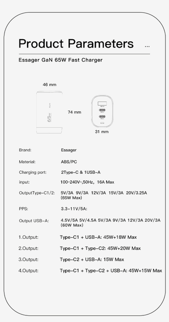 Зарядний пристрій Essager 65W GaN 2 USB-С & 1 USB-A QC3.0 PD3.0 Fast Charge - Фото 9 Зарядний пристрій Essager 65W GaN 2 USB-С & 1 USB-A QC3.0 PD3.0 Fast Charge - зображення 9