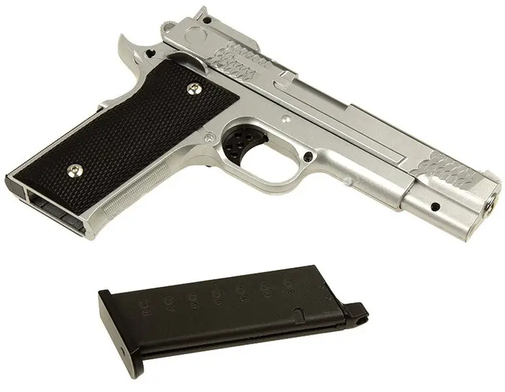 Пистолет металлический 1713 серебряный игровой стреляет пульками 6 мм - изображение 2