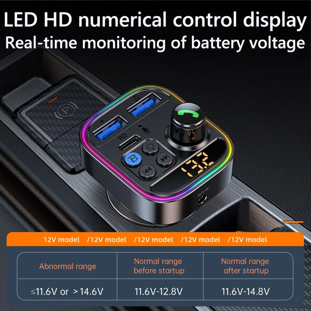 Автомобильный FM ФМ модулятор Terra T18, Bluetooth 5.3, трансмиттер, вольтметр, USB зарядка PD 30W - изображение 5