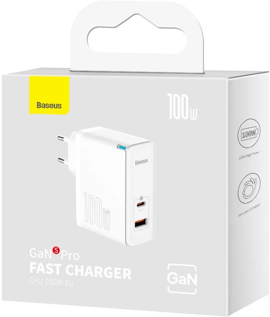Ładowarka sieciowa Baseus GaN5 Pro Fast Charger C+U 100W EU (Z kablem Type-C do Type-C 100W 20V/5A 1 m) Biała (CCGP090202) - obraz 5