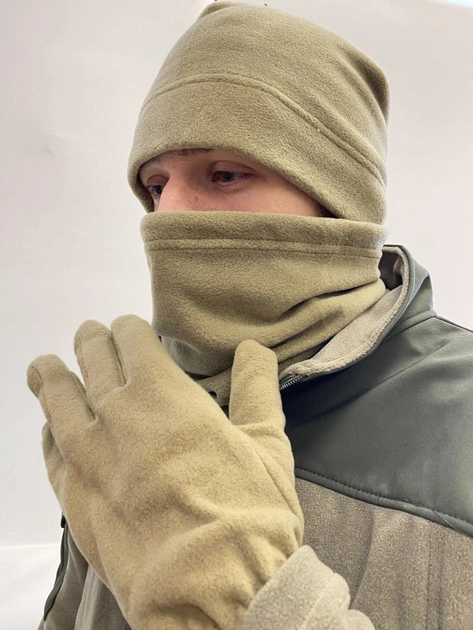 Тактический флисовый комплект из шапки баффа и перчаток для армии ЗСУ универсальный размер бежевого цвета - изображение 2