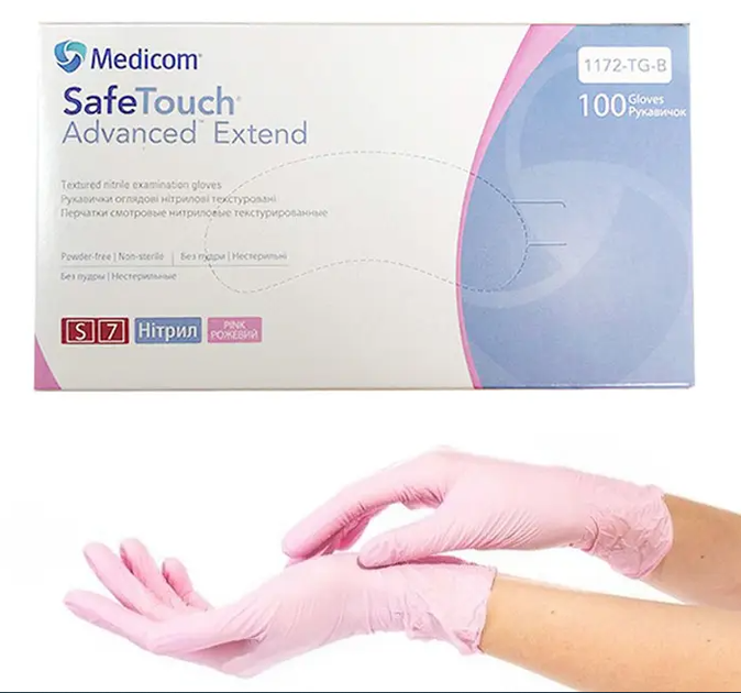 Рукавички нітрілові Medicom Safetouch Extended Pink, рожеві, розмір S, арт. 1172-TG-B - зображення 1