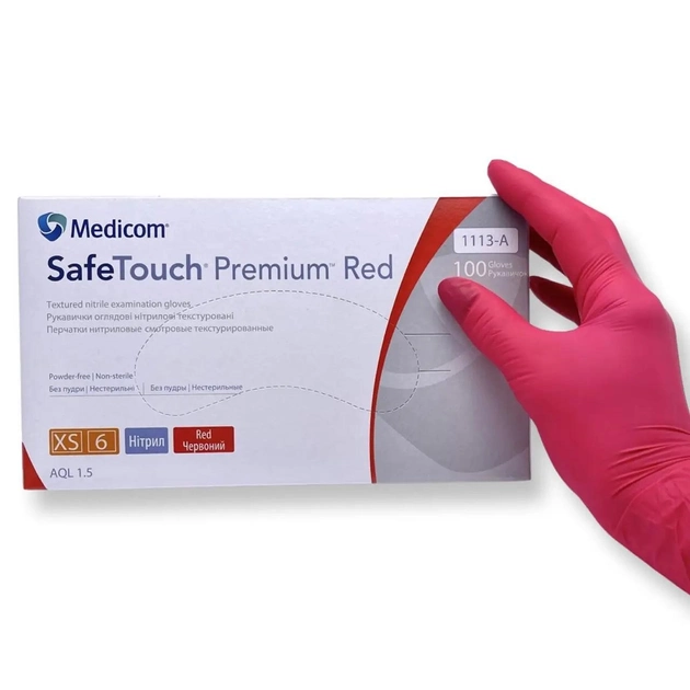 Нітрилові рукавички Medicom Premium Red (4 грами) без пудри текстуровані розмір M 100 шт. Червоні - зображення 1