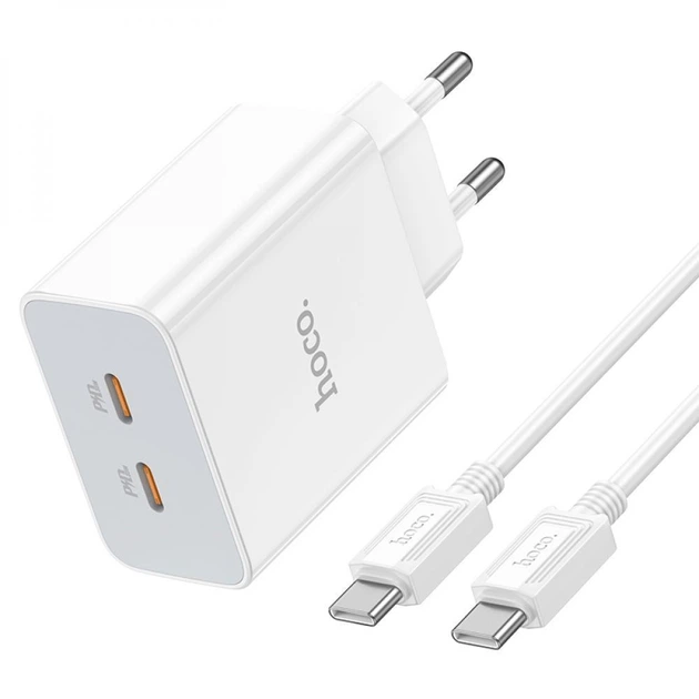 Сетевое зарядное устройство Hoco C108A + кабель Type-C на Type-C (2Type-C, PD35W/QC, 3A, с быстрой зарядкой) - Белый - изображение 2