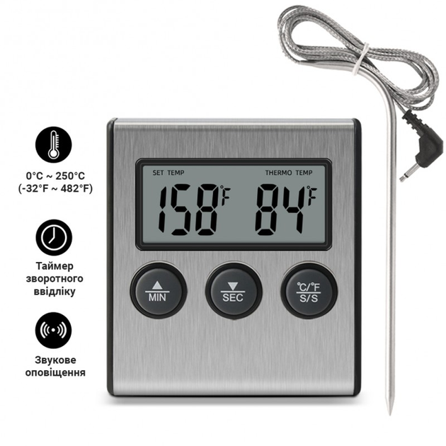 Кухонный термометр с выносным щупом + таймер для мяса с магнитом и .