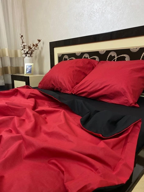 Постільна білизна бавовняна однотонна Двоспальна 180 x 220 Бязь Червона з чорним 50 х 70 - зображення 2