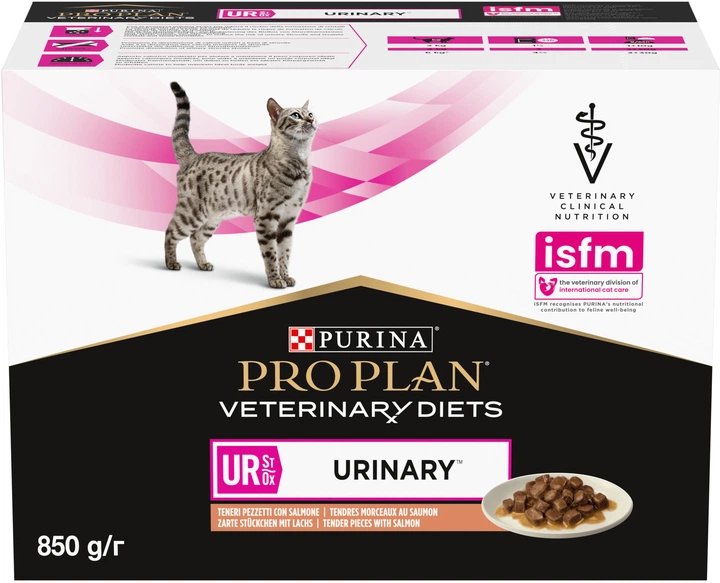 Opakowanie mokrej karmy dla kotów Purina Pro Plan Veterinary Diets UR Urinary z łososiem 10 x 85 g (8445290093851) - obraz 4