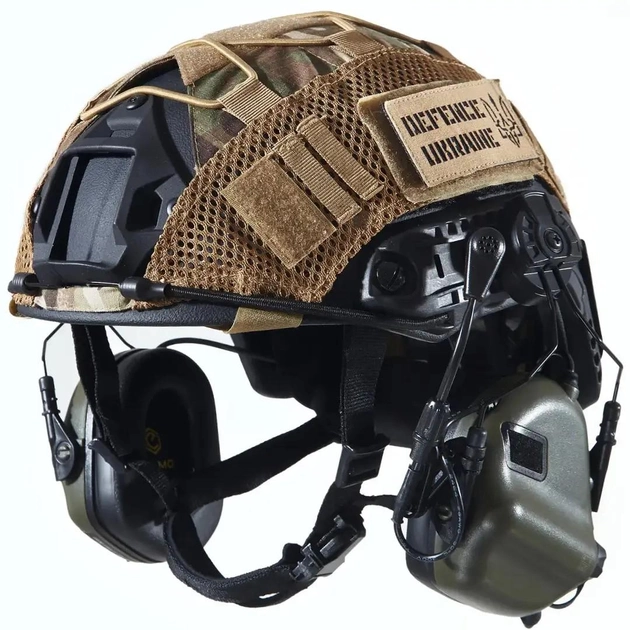 Каска шлем тактический + Активные Навушники EARMOR M32H Кавер Мультикам "FAST NIJ IIIA" кевларовый баллистический Черный - изображение 1