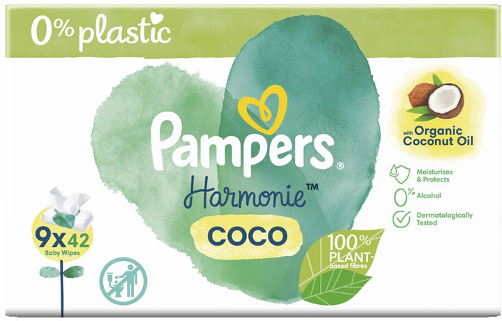 Дитячі вологі серветки Pampers Chust Nawilzane Coconut Harm Free 9x42 шт (8006540554418) - зображення 2