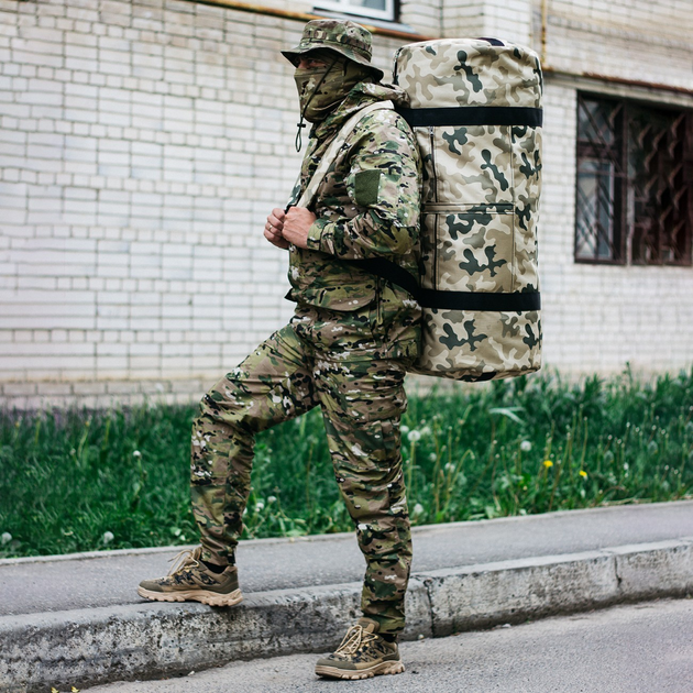Рюкзак-сумка-баул військова, армійський баул Оксфорд 120 л тактичний баул пісочний мультикам. - зображення 1