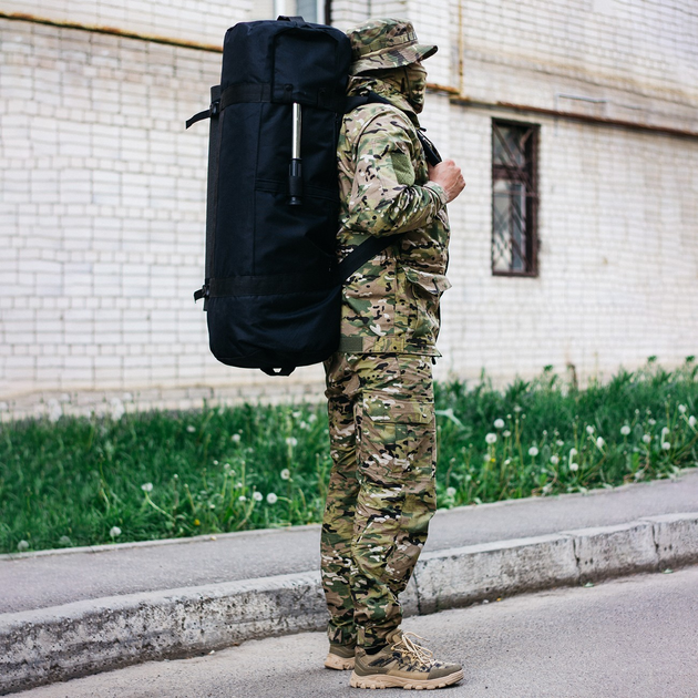 Рюкзак-сумка баул військова, армійський баул Оксфорд чорний 100 л с креплением для каремата и саперной лопаты. - зображення 2