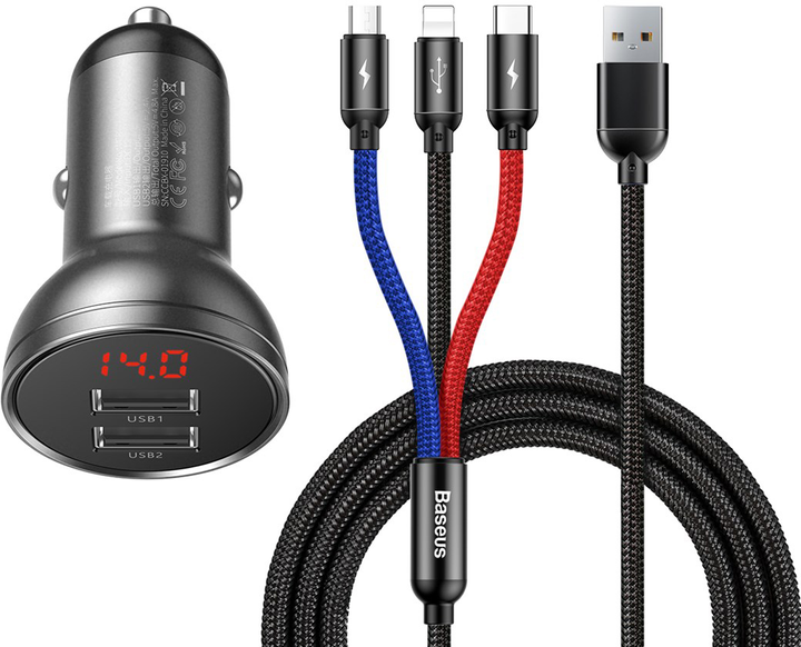 Ładowarka samochodowa Baseus 24W + kabel USB 3 w 1 (TZCCBX-0G) - obraz 1