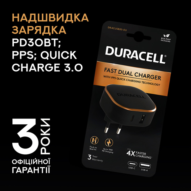 Зарядное устройство Duracell | PD30W+PPS18W | USB-A, TYPE-C | Black ...