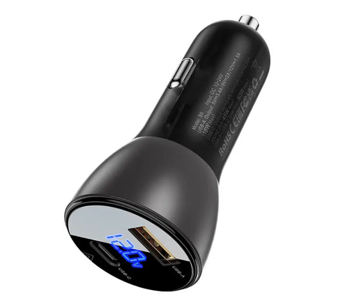 Автомобильное зарядное устройство ACEFAST B6 metal 63W USB-A/USB-C with digital display black - Фото 2 Автомобильное зарядное устройство ACEFAST B6 metal 63W USB-A/USB-C with digital display black - изображение 2