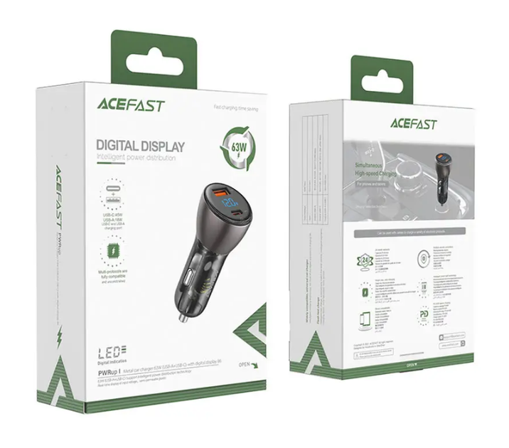Автомобильное зарядное устройство ACEFAST B6 metal 63W USB-A/USB-C with digital display black - Фото 3 Автомобильное зарядное устройство ACEFAST B6 metal 63W USB-A/USB-C with digital display black - изображение 3