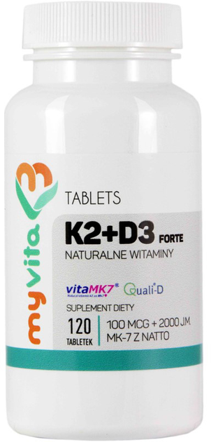 Харчова добавка Myvita Вітамін K2 Nk7 100 мкг + D3 2000 МО 120 таблеток (5905279123694) - зображення 1