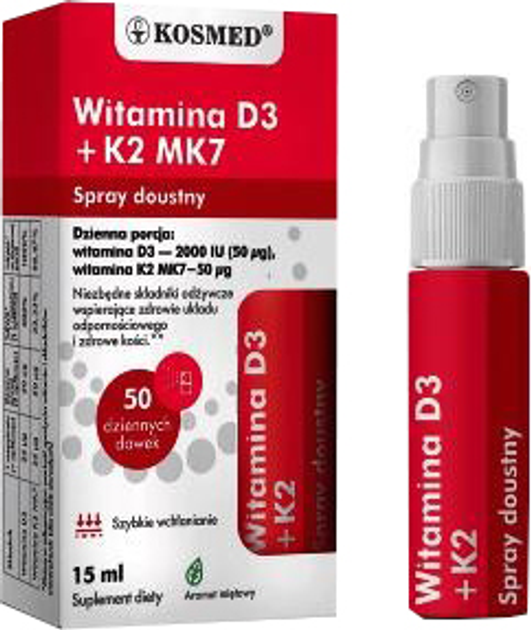 Харчова добавка Kosmed Вітамін D3+K2 MK7 15 мл оральний спрей (5907681801948) - зображення 1