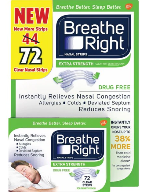 Смужки для носа Breathe Right для зменшення хропіння та полегшення закладеності носа для чутливої ​​шкіри 72 шт - зображення 1