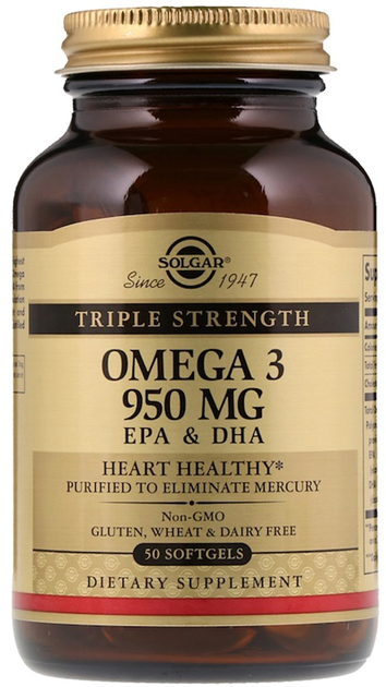 Kwasy tłuszczowe Solgar Triple Strength Omega-3, EPA i DHA 950 mg 50 kapsułek (0033984020573) - obraz 3