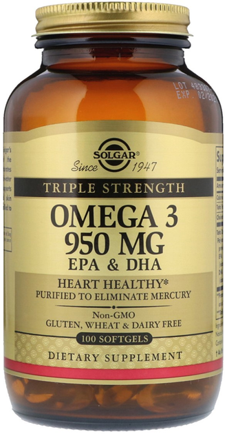 Kwasy tłuszczowe Solgar Omega-3 EPA, DHA Triple Strength 950 mg 100 kapsułek (0033984020580) - obraz 3