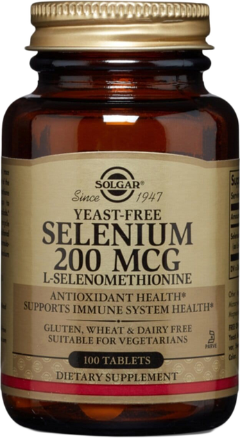 Selen, Solgar (selenometionina), selen, bez drożdży, 200 mcg, 100 tabletek (0033984025578) - obraz 1
