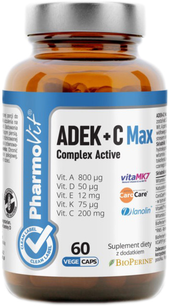 Добавка харчова Pharmovit ADEK C Max Complex Active Clean Label 60 капсул (5902811238489) - зображення 1