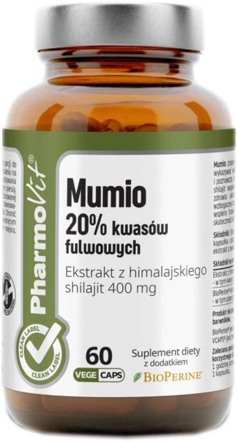 Харчова добавка Pharmovit Mumio 20% Fulvic Acids Clean Label 60 рослинних капсул (5902811239264) - зображення 1