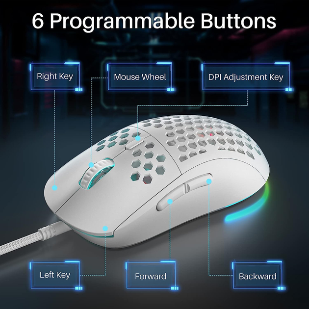 Игровая эргономичная мышь Dierya, RGB, 12800 DPI и 6 программируемых кнопок Ultra Light-75г. Цвет - Белый - изображение 5