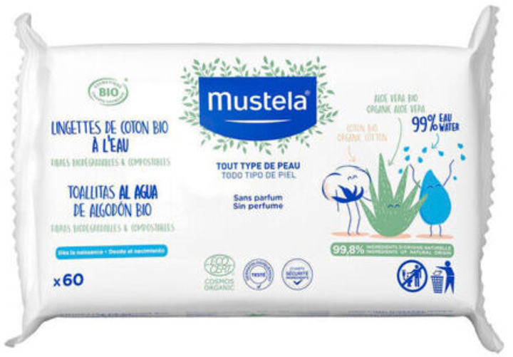 Вологі серветки з органічної бавовни Mustela Baby Organic Cotton Wipes with Water 60 шт (3504105036546) - зображення 1