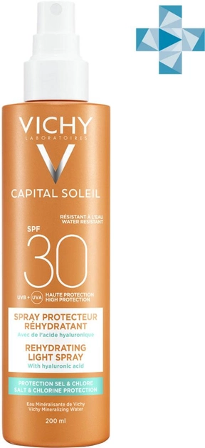 Spray do opalania Vichy Capital Soleil Beach Protect Anti-Dehydration SPF 30+ z kwasem hialuronowym, przeciw odwodnieniu skóry + ochrona przed solą i chlorem 200 ml (3337875648554) - obraz 1