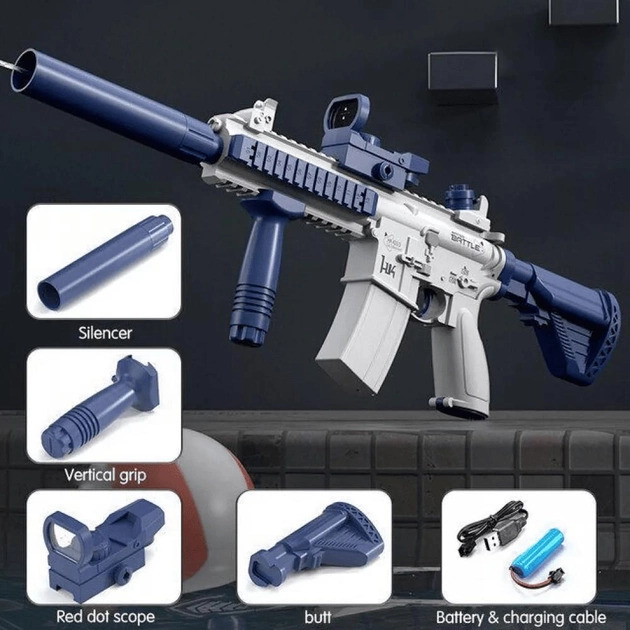Водяний автомат водний бластер дитячий UKBOO Water Gun M416 на акумуляторі електричний акумуляторний із зарядкою від usb прицілом на 300 мл білий синій водяні автомати водні бластери (HQB007701) - зображення 2