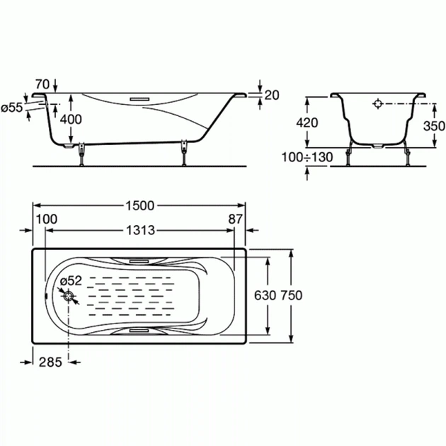 Ванна чугунная ROCA MALIBU 150x75 A23157000R+A150412330 - изображение 2