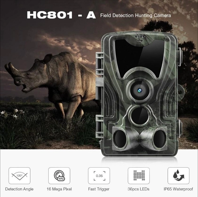 Фотоловушка Suntek HC 801A 25м, 2" дисплей, обзор 120°, датчик движения, ночная съемка, защита IP65, камуфляж - зображення 1