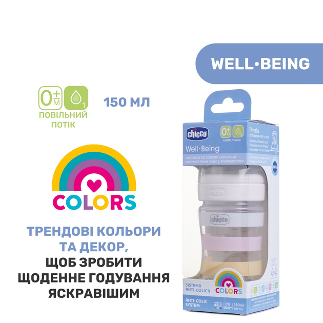 Пляшечка для годування пластикова Chicco Well-Being Colors з силіконовою соскою 0м+ 150 мл Рожева (28611.11) - зображення 8