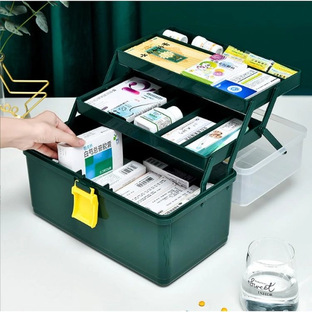 Аптечка-органайзер для ліків, пластиковий контейнер для медикаментів, три поверхи, жовтий (33х18х17см) - зображення 2